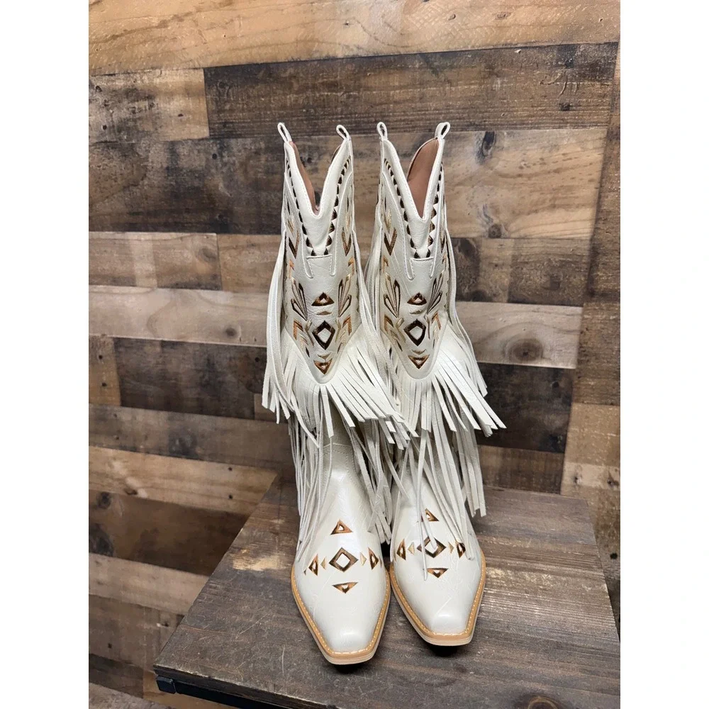 Western Fringe Embroidered Pointed Toe Cowboy‎ Boots Off White Cream Womens 7.5
